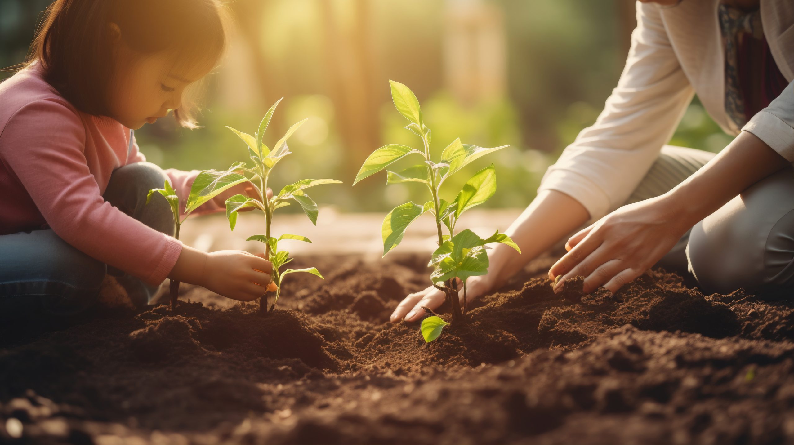 Niña y adulto plantando árboles jóvenes en la tierra como símbolo de regeneración y despedida consciente en un funeral ecológico