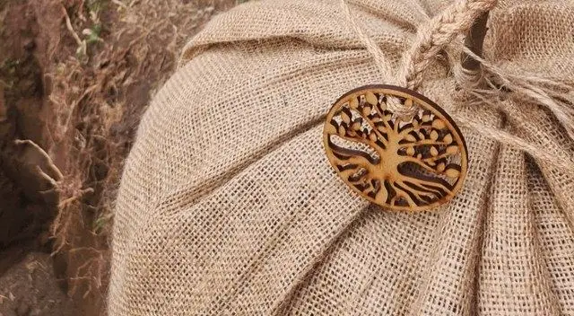 Ánfora Árbol Nativo real: bolsa de arpillera con el medallón de madera Biofuneral