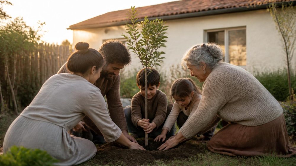 Familia de tres generaciones plantando un quillay, árbol nativo de Chile, en el jardín de su casa